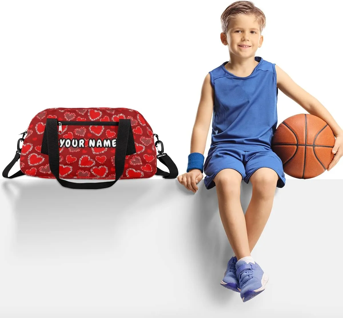 Red Heart Valentines Day Personalized Kids Duffel Bag for Girls, Heart Debris Custom Name Dance Bag Overnight Small Duffel Bag Carry On Weekend Sports Travel Bag for School Practice Gymnastics Ballet