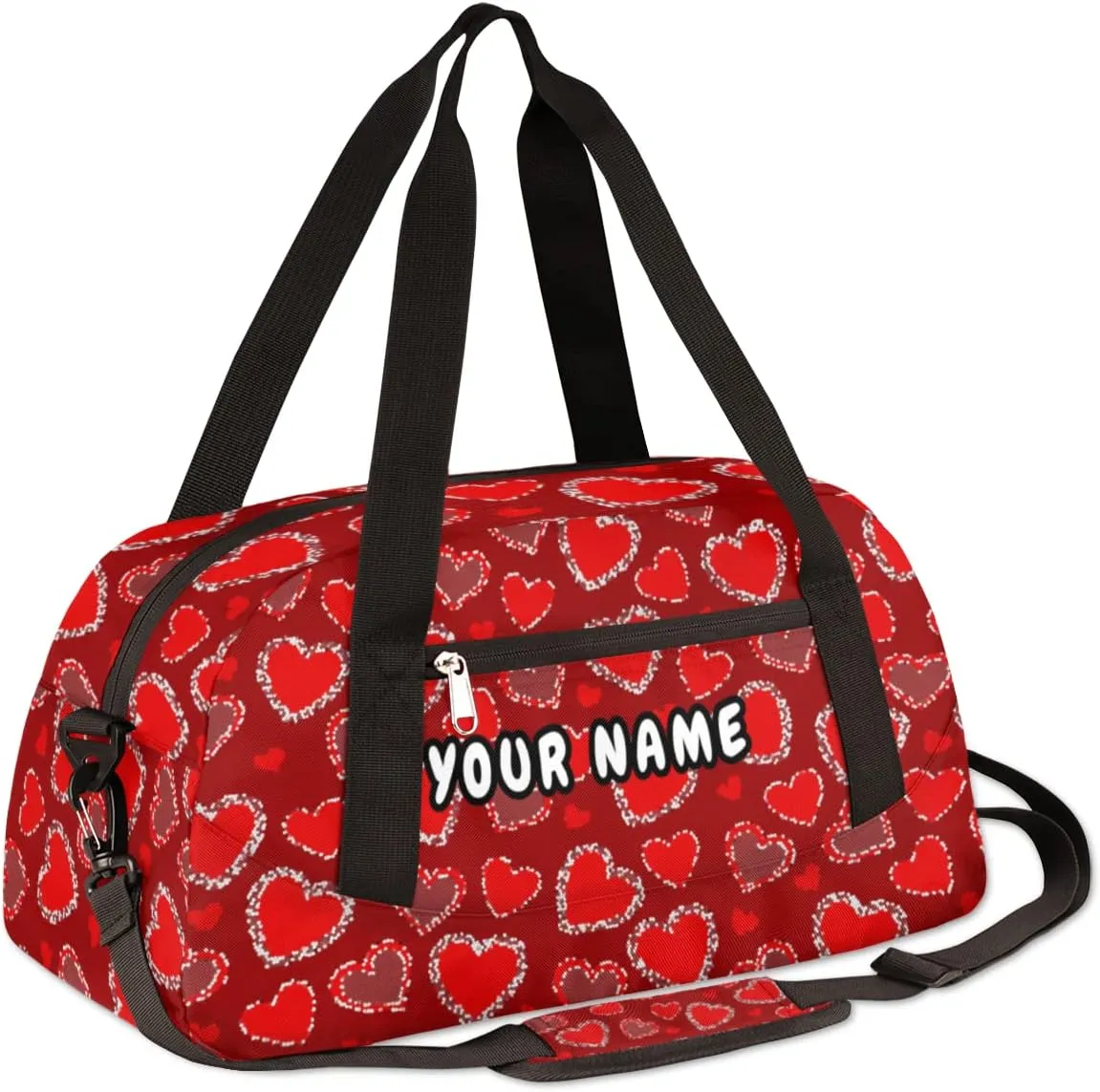 Red Heart Valentines Day Personalized Kids Duffel Bag for Girls, Heart Debris Custom Name Dance Bag Overnight Small Duffel Bag Carry On Weekend Sports Travel Bag for School Practice Gymnastics Ballet