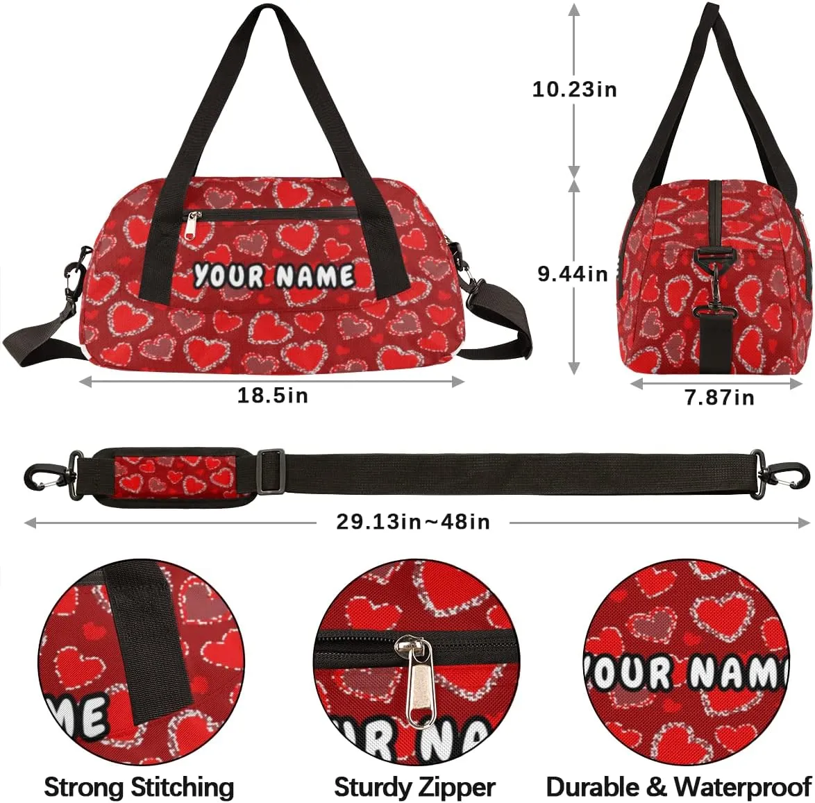 Red Heart Valentines Day Personalized Kids Duffel Bag for Girls, Heart Debris Custom Name Dance Bag Overnight Small Duffel Bag Carry On Weekend Sports Travel Bag for School Practice Gymnastics Ballet