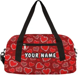Red Heart Valentines Day Personalized Kids Duffel Bag for Girls, Heart Debris Custom Name Dance Bag Overnight Small Duffel Bag Carry On Weekend Sports Travel Bag for School Practice Gymnastics Ballet