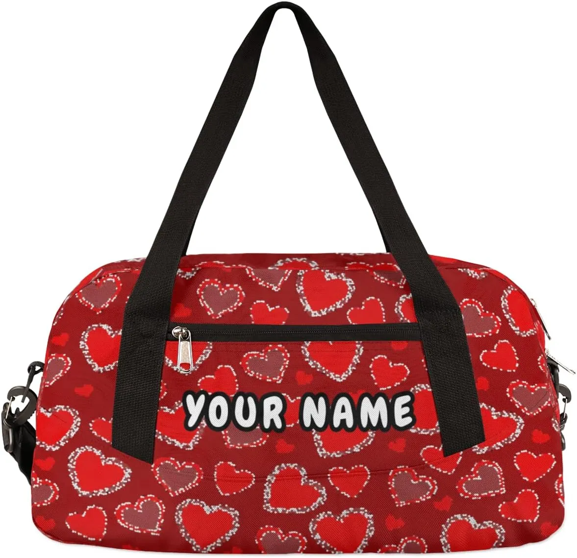 Red Heart Valentines Day Personalized Kids Duffel Bag for Girls, Heart Debris Custom Name Dance Bag Overnight Small Duffel Bag Carry On Weekend Sports Travel Bag for School Practice Gymnastics Ballet