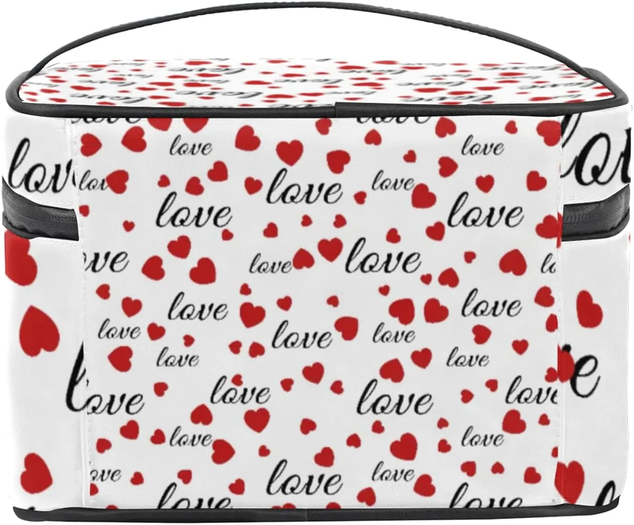 Red Hearts Love Makeup Bag Large Opening Cosmetic Bag Portable Makeup Case Organizer Toiletry Bags for Women Daily Traveling With Handle Grids Smooth Zipper Divider Makeup Pouch