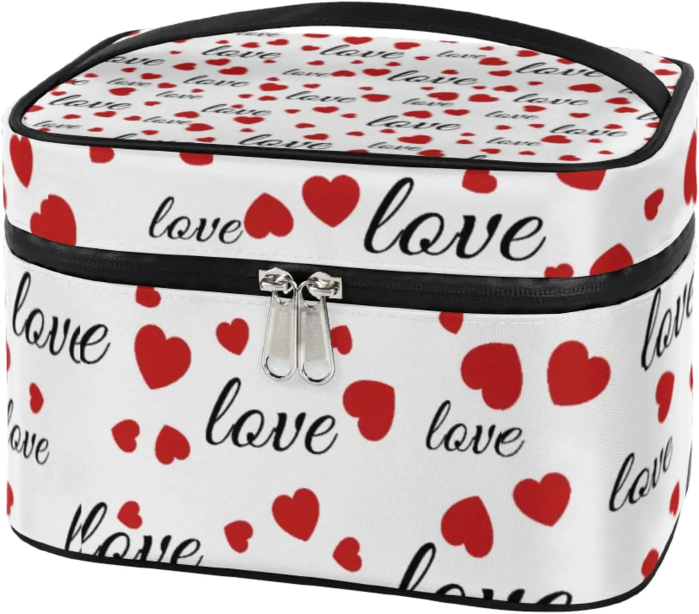 Red Hearts Love Makeup Bag Large Opening Cosmetic Bag Portable Makeup Case Organizer Toiletry Bags for Women Daily Traveling With Handle Grids Smooth Zipper Divider Makeup Pouch