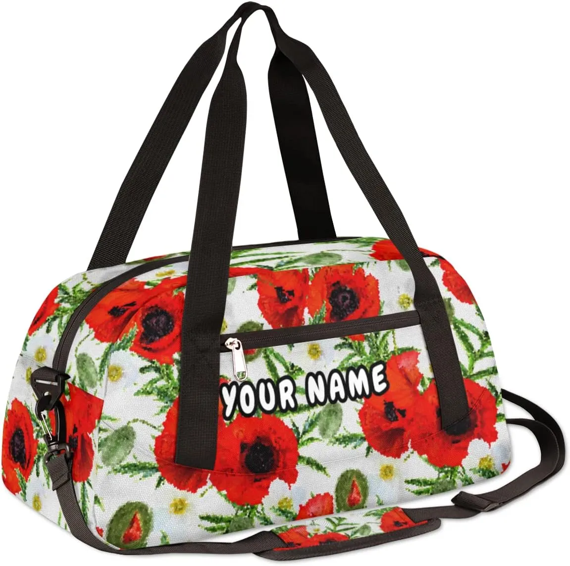 Red Poppies Leaves Personalized Kids Duffel Bag for Girls Boys, Poppies Debris Custom Name Dance Bag Overnight Small Duffel Bag Carry On Weekend Sports Travel Bag for School Practice Gymnastics Ballet