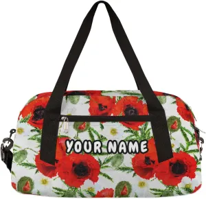 Red Poppies Leaves Personalized Kids Duffel Bag for Girls Boys, Poppies Debris Custom Name Dance Bag Overnight Small Duffel Bag Carry On Weekend Sports Travel Bag for School Practice Gymnastics Ballet