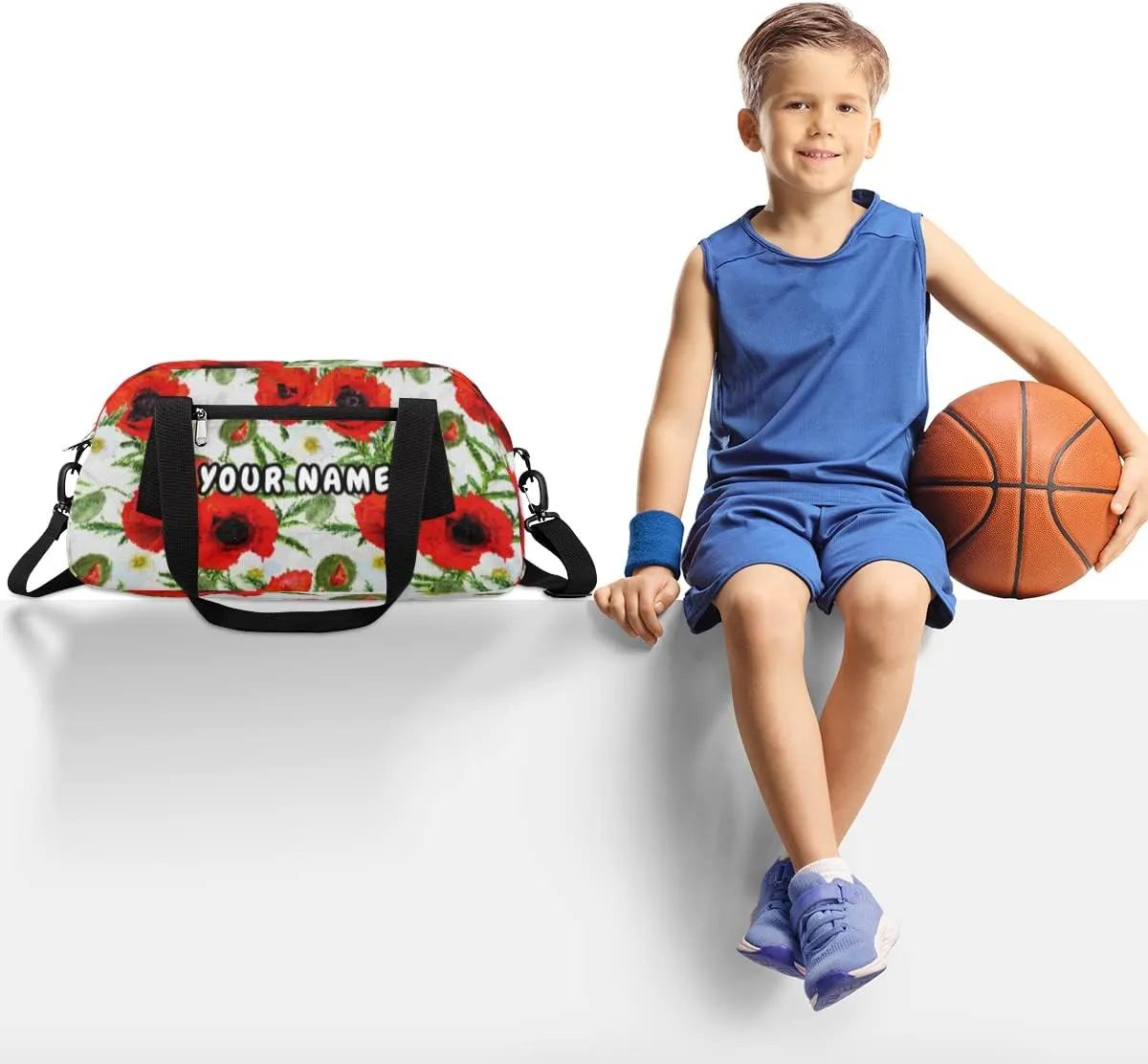 Red Poppies Leaves Personalized Kids Duffel Bag for Girls Boys, Poppies Debris Custom Name Dance Bag Overnight Small Duffel Bag Carry On Weekend Sports Travel Bag for School Practice Gymnastics Ballet
