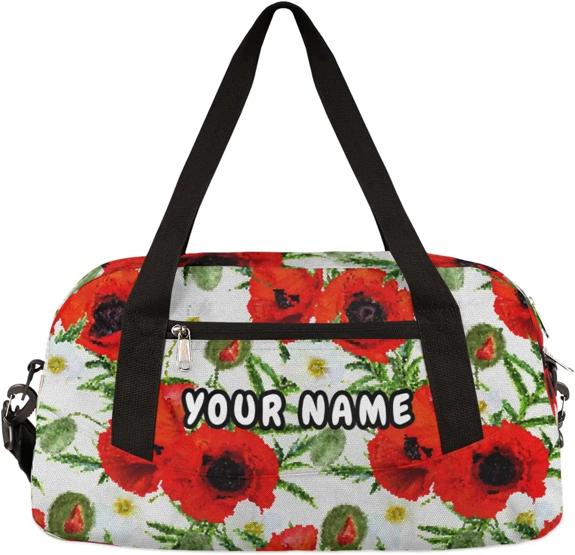 Red Poppies Leaves Personalized Kids Duffel Bag for Girls Boys, Poppies Debris Custom Name Dance Bag Overnight Small Duffel Bag Carry On Weekend Sports Travel Bag for School Practice Gymnastics Ballet