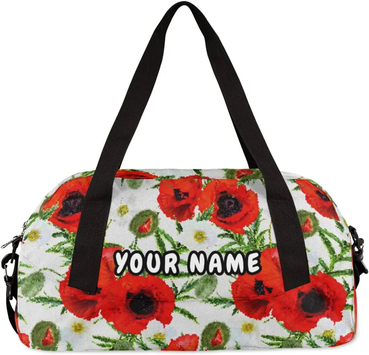 Red Poppies Leaves Personalized Kids Duffel Bag for Girls Boys, Poppies Debris Custom Name Dance Bag Overnight Small Duffel Bag Carry On Weekend Sports Travel Bag for School Practice Gymnastics Ballet