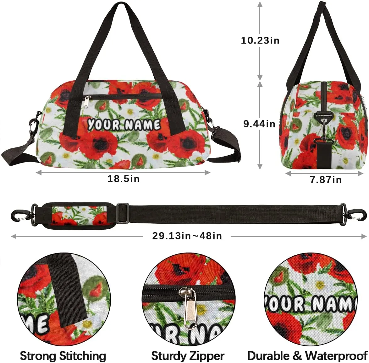 Red Poppies Leaves Personalized Kids Duffel Bag for Girls Boys, Poppies Debris Custom Name Dance Bag Overnight Small Duffel Bag Carry On Weekend Sports Travel Bag for School Practice Gymnastics Ballet