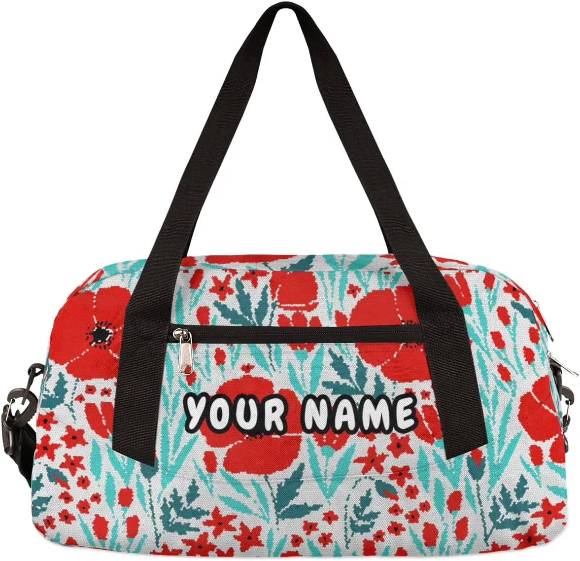 Red Poppies Personalized Kids Duffel Bag for Girls Boys, Poppies Debris Custom Name Dance Bag Overnight Small Duffel Bag Carry On Weekend Sports Travel Bag for School Practice Gymnastics Ballet