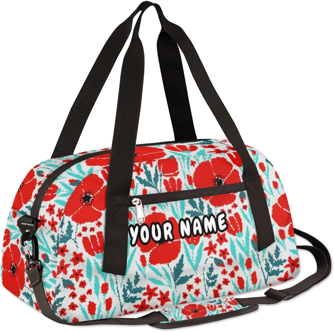 Red Poppies Personalized Kids Duffel Bag for Girls Boys, Poppies Debris Custom Name Dance Bag Overnight Small Duffel Bag Carry On Weekend Sports Travel Bag for School Practice Gymnastics Ballet