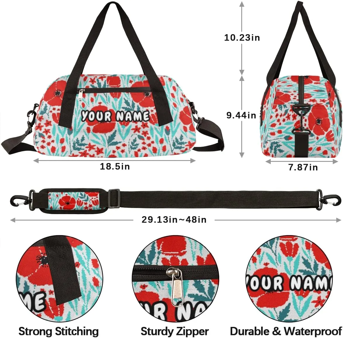 Red Poppies Personalized Kids Duffel Bag for Girls Boys, Poppies Debris Custom Name Dance Bag Overnight Small Duffel Bag Carry On Weekend Sports Travel Bag for School Practice Gymnastics Ballet