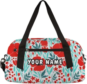 Red Poppies Personalized Kids Duffel Bag for Girls Boys, Poppies Debris Custom Name Dance Bag Overnight Small Duffel Bag Carry On Weekend Sports Travel Bag for School Practice Gymnastics Ballet