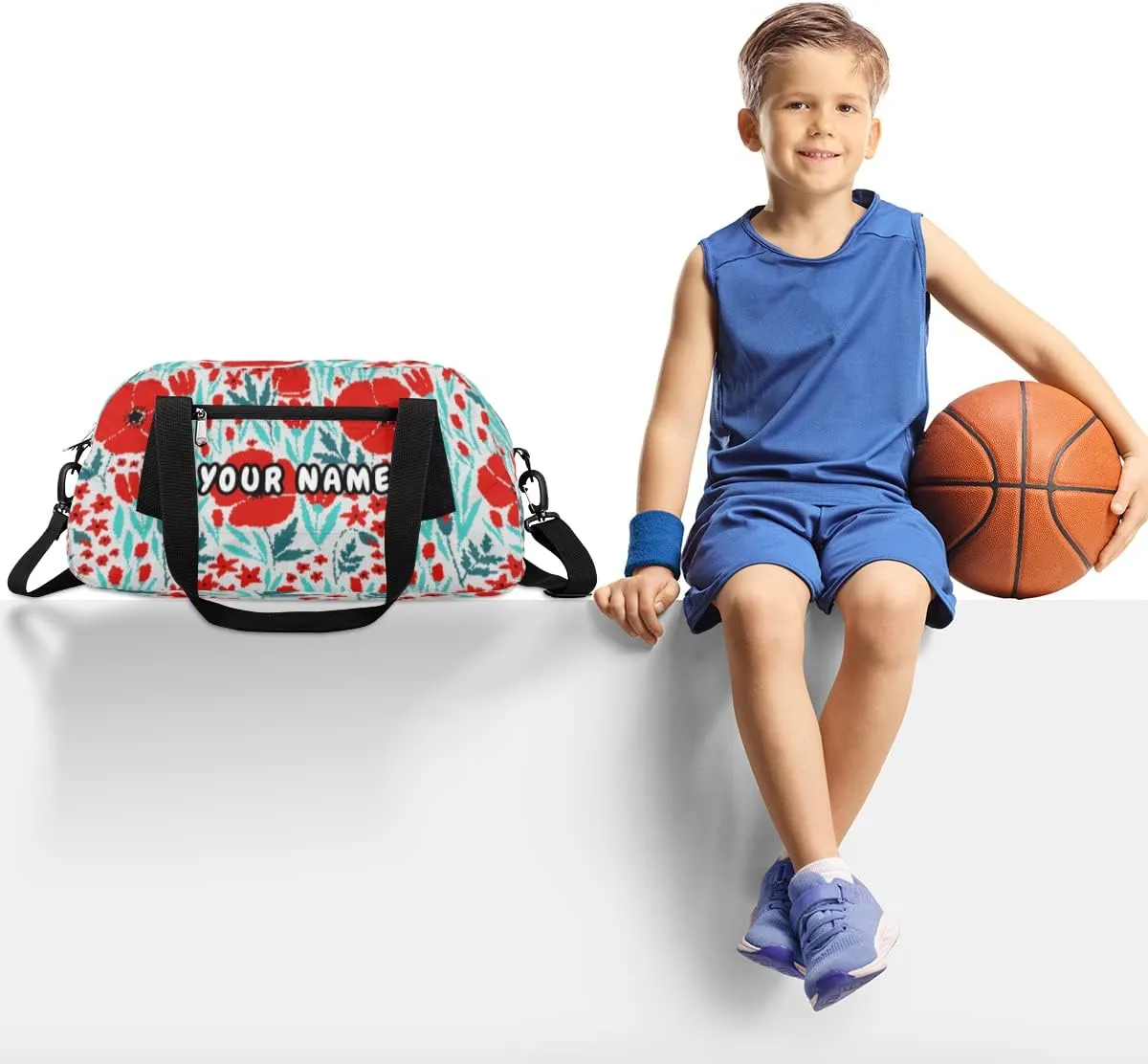 Red Poppies Personalized Kids Duffel Bag for Girls Boys, Poppies Debris Custom Name Dance Bag Overnight Small Duffel Bag Carry On Weekend Sports Travel Bag for School Practice Gymnastics Ballet