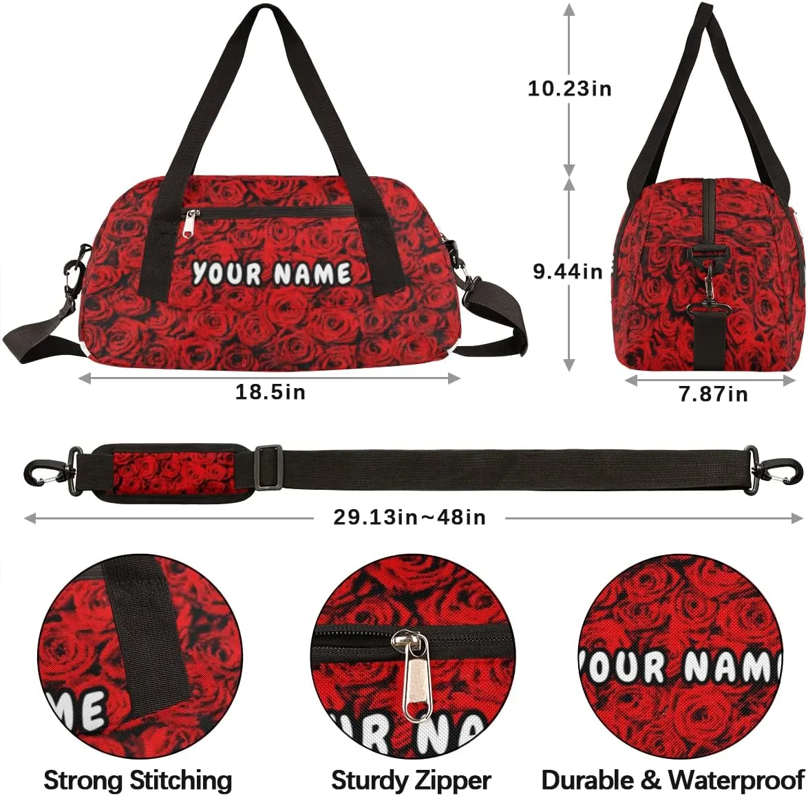Red Rose Valentines Day Personalized Kids Duffel Bag for Girls Boys, Roses Debris Custom Name Dance Bag Overnight Small Duffel Bag Carry On Weekend Sports Travel Bag for School Practice Gymnastics Ballet