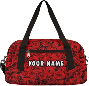 Red Rose Valentines Day Personalized Kids Duffel Bag for Girls Boys, Roses Debris Custom Name Dance Bag Overnight Small Duffel Bag Carry On Weekend Sports Travel Bag for School Practice Gymnastics Ballet