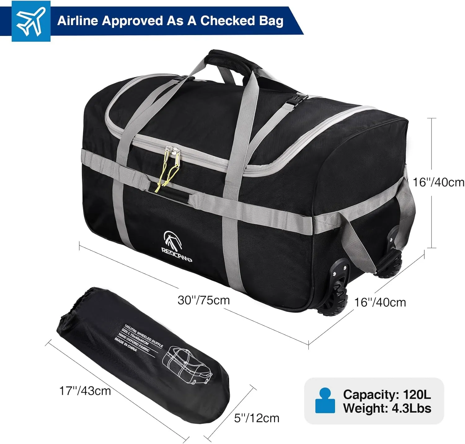 REDCAMP 85L/120L/140L Foldable Duffle Bag with Wheels, Large Travel Duffel Bag