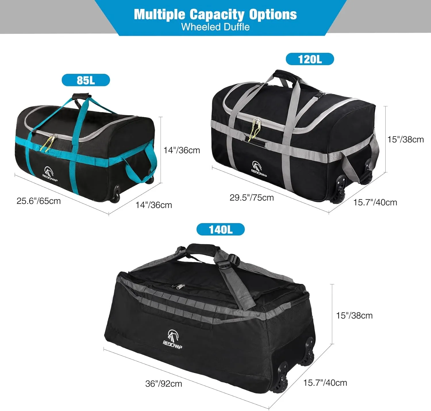 REDCAMP 85L/120L/140L Foldable Duffle Bag with Wheels, Large Travel Duffel Bag
