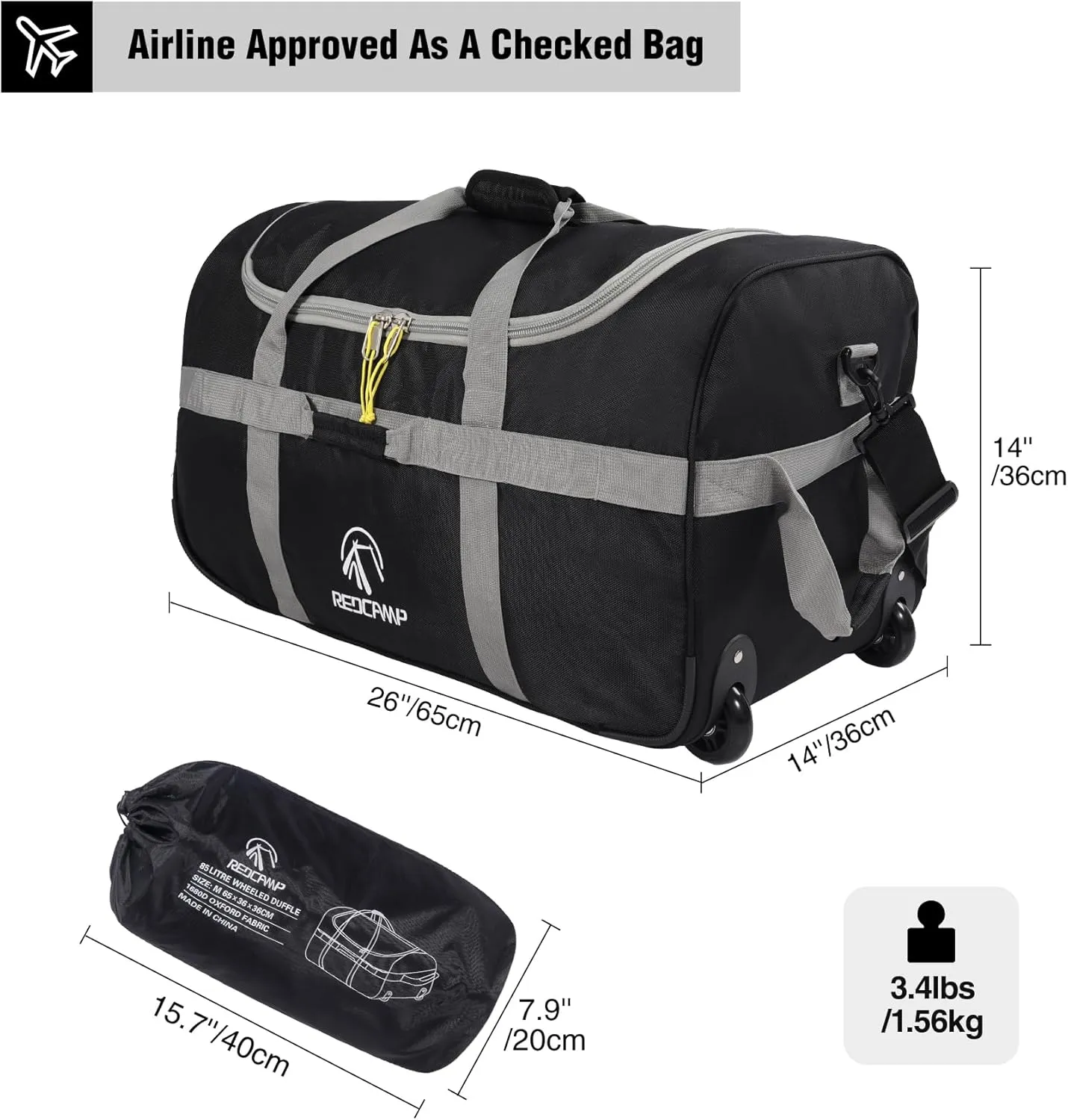 REDCAMP 85L/120L/140L Foldable Duffle Bag with Wheels, Large Travel Duffel Bag