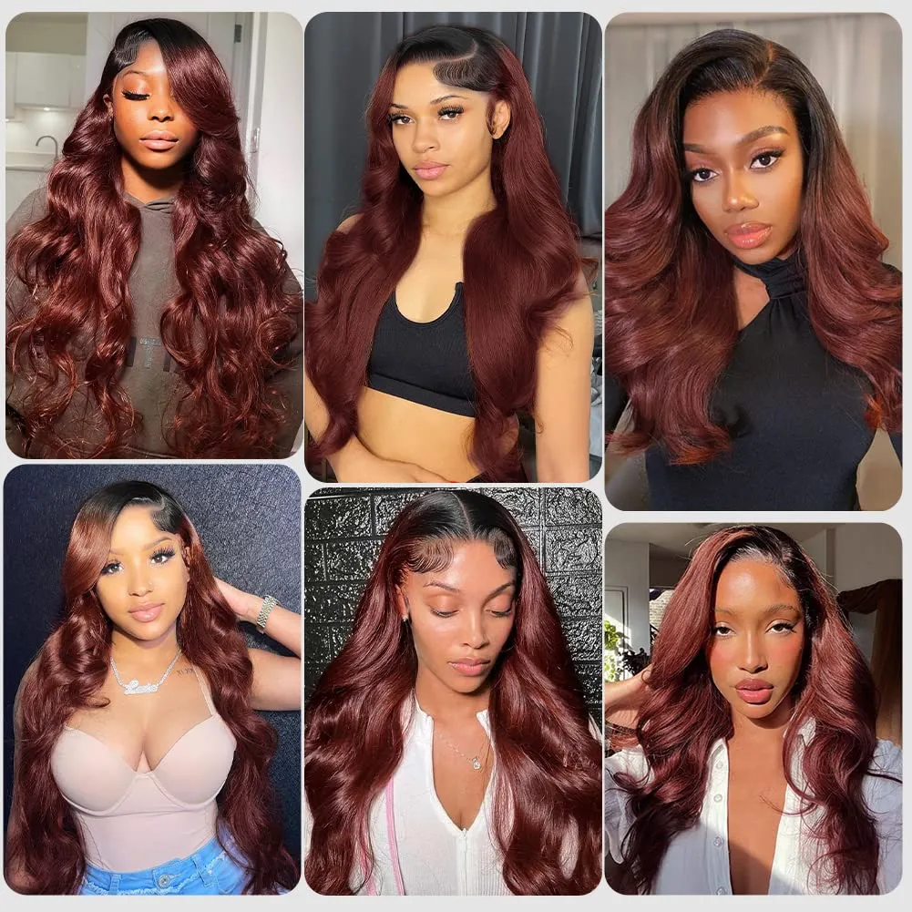 Reddish Brown Wig Human Hair 180% Density Copper Wig Body Wave Wig 28 Inch Dark Roots Reddish Brown Lace Front Wigs Human Hair 13x4 HD Auburn Wig Human Hair Pre Plucked T1b/33 Colored Wigs