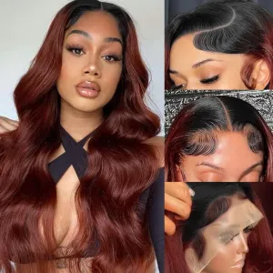 Reddish Brown Wig Human Hair 180% Density Copper Wig Body Wave Wig 28 Inch Dark Roots Reddish Brown Lace Front Wigs Human Hair 13x4 HD Auburn Wig Human Hair Pre Plucked T1b/33 Colored Wigs
