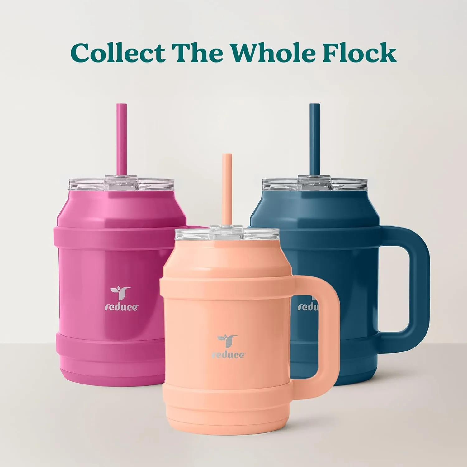 REDUCE Reusable 50 oz Cold1 Water Tumbler – Ergonomic Handle – Double-Wall Insulation – Sturdy Desktop/Tabletop Mug with Lid and Straw – BPA-Free – Stainless Steel for Gym, Home, or Office– Cotton
