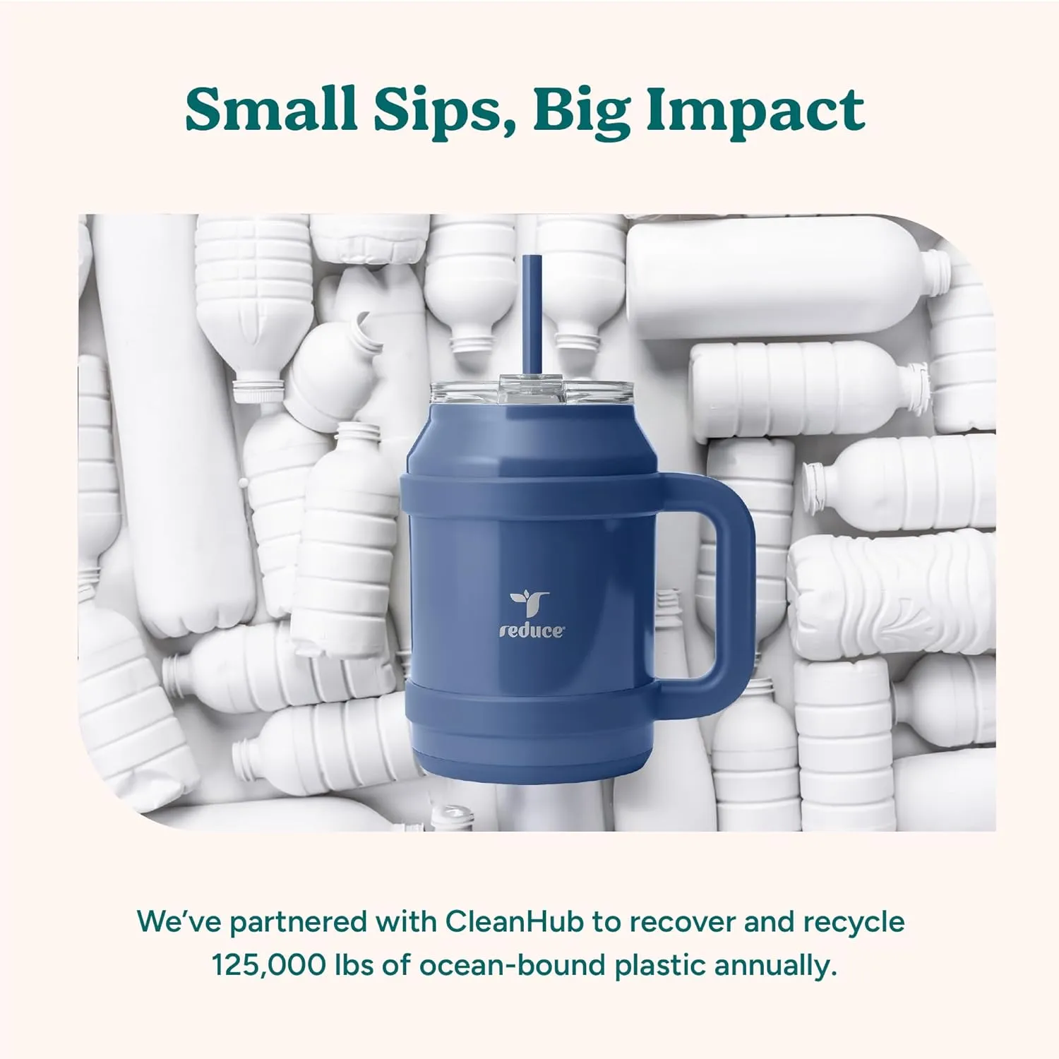 REDUCE Reusable 50 oz Cold1 Water Tumbler – Ergonomic Handle – Double-Wall Insulation – Sturdy Desktop/Tabletop Mug with Lid and Straw – BPA-Free – Stainless Steel for Gym, Home, or Office– Cotton