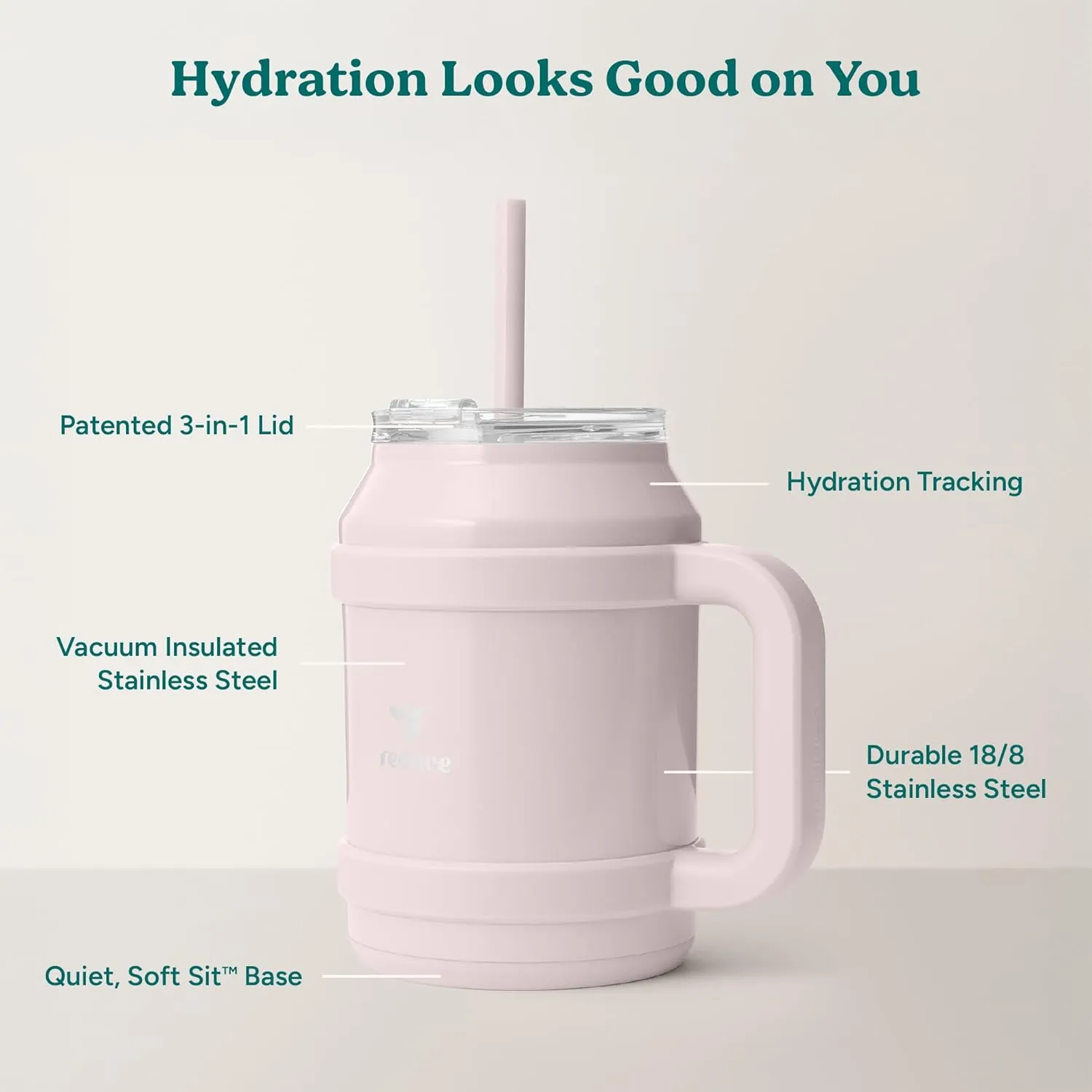 REDUCE Reusable 50 oz Cold1 Water Tumbler – Ergonomic Handle – Double-Wall Insulation – Sturdy Desktop/Tabletop Mug with Lid and Straw – BPA-Free – Stainless Steel for Gym, Home, or Office– Cotton