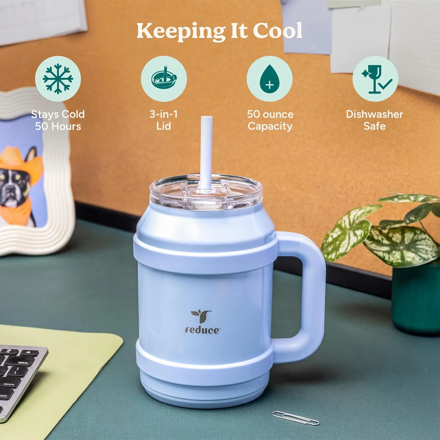 REDUCE Reusable 50 oz Cold1 Water Tumbler – Ergonomic Handle – Double-Wall Insulation – Sturdy Desktop/Tabletop Mug with Lid and Straw – BPA-Free – Stainless Steel for Gym, Home, or Office– Cotton