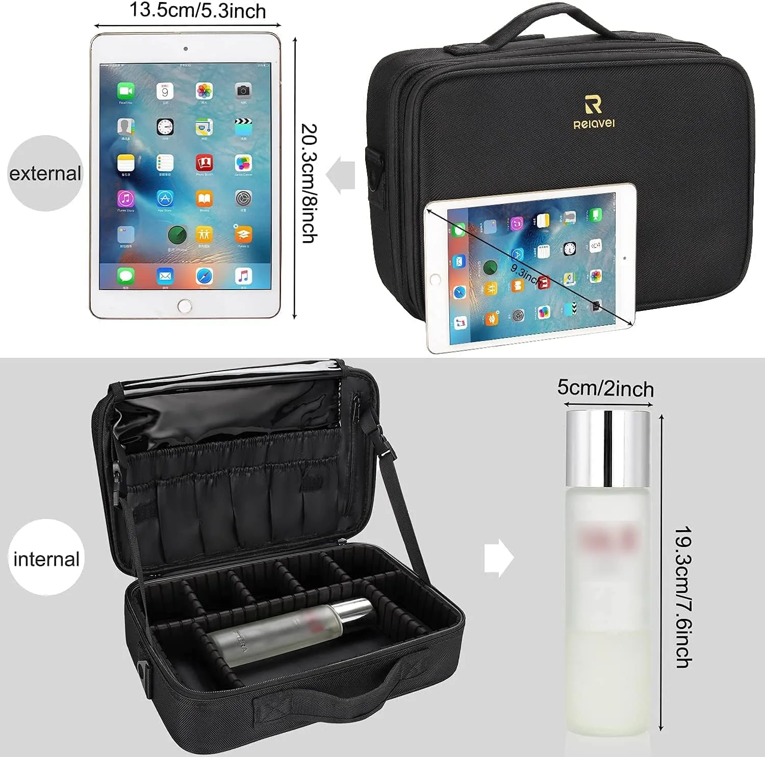 Relavel Makeup Bag Travel Makeup Train Case 13.8 inches Large Cosmetic Case Professional Portable Makeup Brush Holder Organizer and Storage with Adjustable Dividers and Shoulder Strap Black