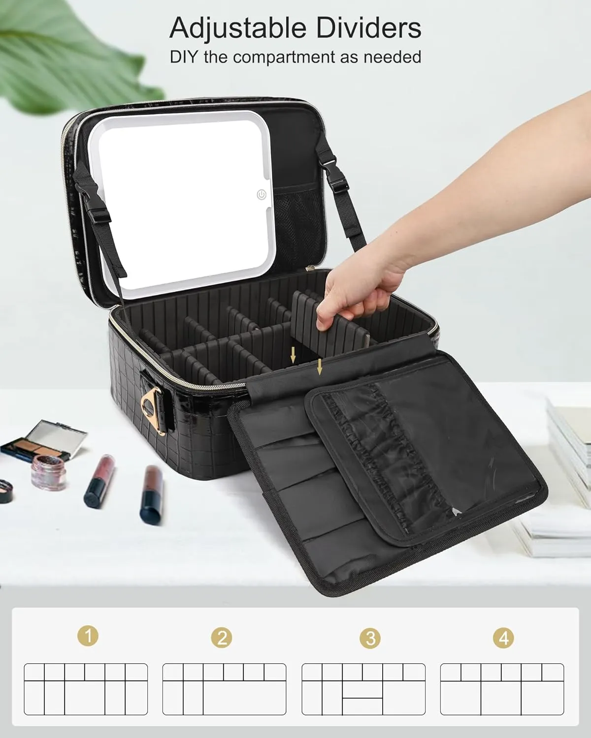 Relavel Makeup Bag with LED Mirror, Makeup Case with Lighted Mirror, Large Capacity Travel Cosmetic Train Case Organizer Box for Women, Dividers and Rechargeable Vanity Mirror (Crocodile Pattern)