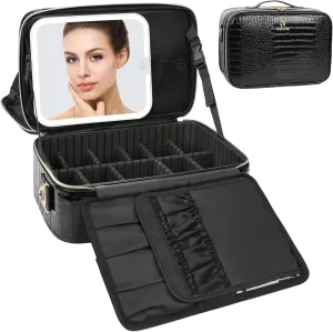 Relavel Makeup Bag with LED Mirror, Makeup Case with Lighted Mirror, Large Capacity Travel Cosmetic Train Case Organizer Box for Women, Dividers and Rechargeable Vanity Mirror (Crocodile Pattern)