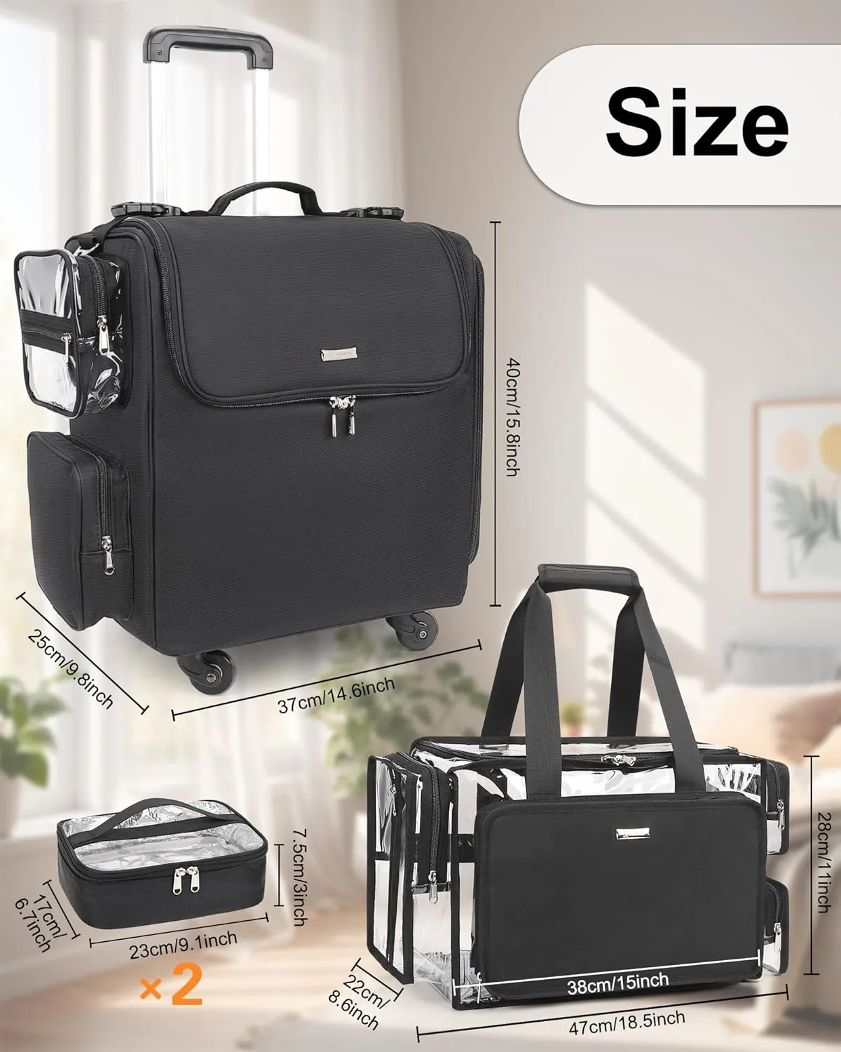 Relavel Rolling Makeup Train Case with Clear Makeup Bag, Hairstylist Traveling Bag with 4 Wheels, Cosmetic Storage Organizer Hair Stylist Travelling Bag with Adjustable Dividers & Shoulder Strap