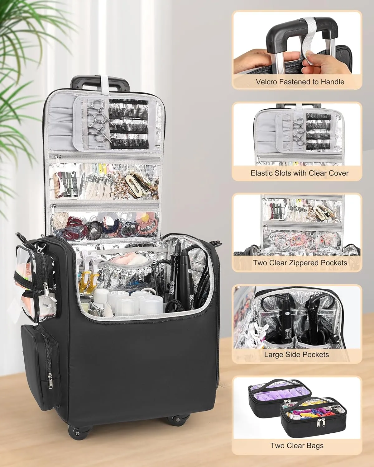 Relavel Rolling Makeup Train Case with Clear Makeup Bag, Hairstylist Traveling Bag with 4 Wheels, Cosmetic Storage Organizer Hair Stylist Travelling Bag with Adjustable Dividers & Shoulder Strap
