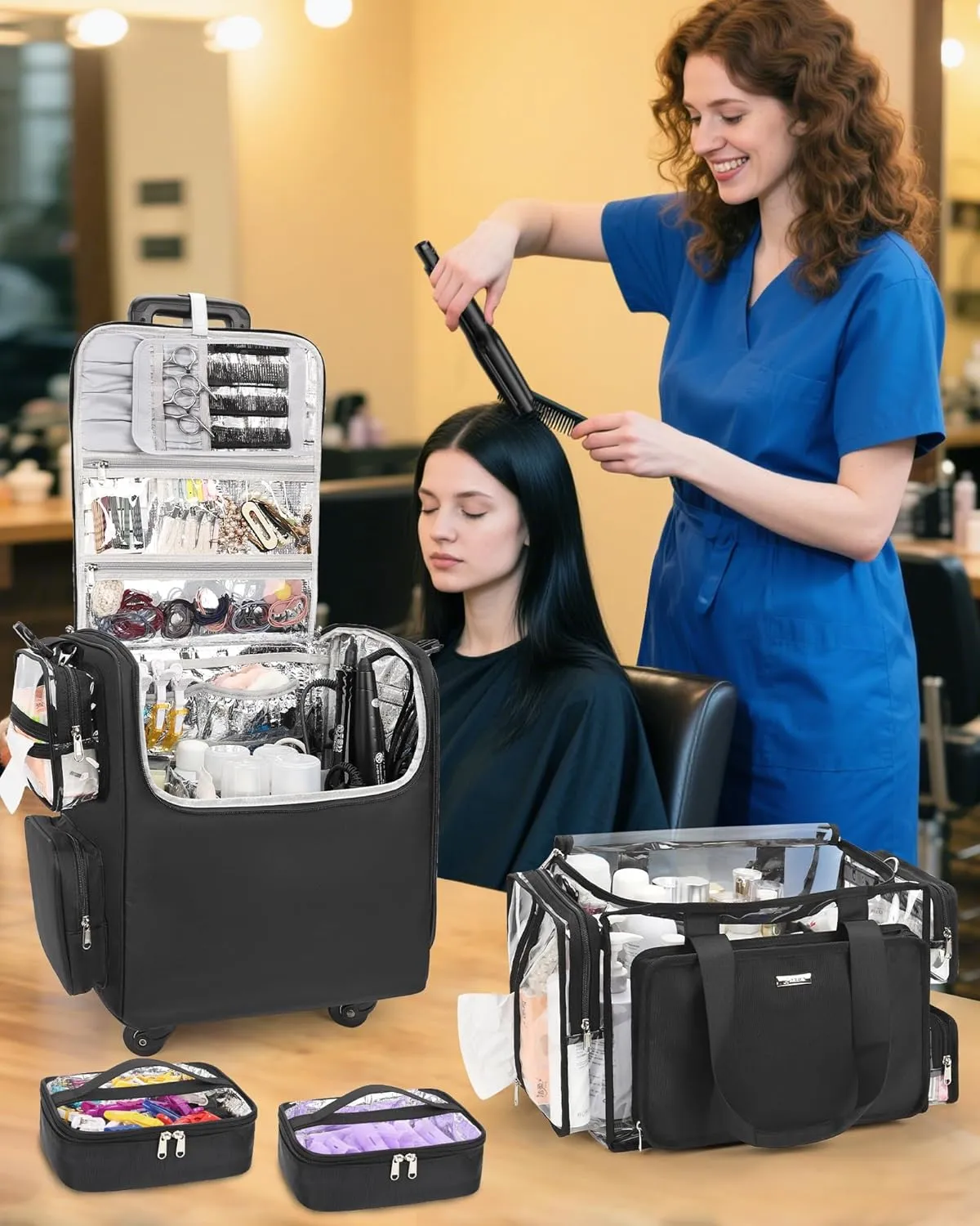 Relavel Rolling Makeup Train Case with Clear Makeup Bag, Hairstylist Traveling Bag with 4 Wheels, Cosmetic Storage Organizer Hair Stylist Travelling Bag with Adjustable Dividers & Shoulder Strap
