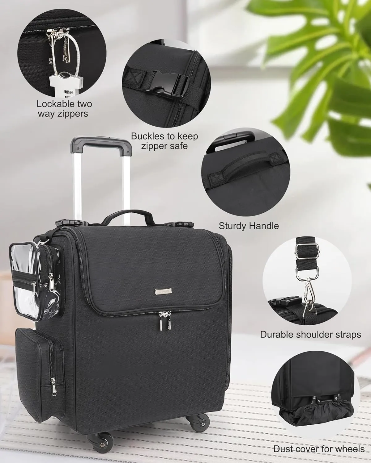Relavel Rolling Makeup Train Case with Clear Makeup Bag, Hairstylist Traveling Bag with 4 Wheels, Cosmetic Storage Organizer Hair Stylist Travelling Bag with Adjustable Dividers & Shoulder Strap