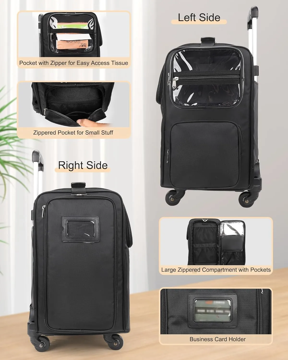 Relavel Rolling Makeup Train Case with Clear Makeup Bag, Hairstylist Traveling Bag with 4 Wheels, Cosmetic Storage Organizer Hair Stylist Travelling Bag with Adjustable Dividers & Shoulder Strap