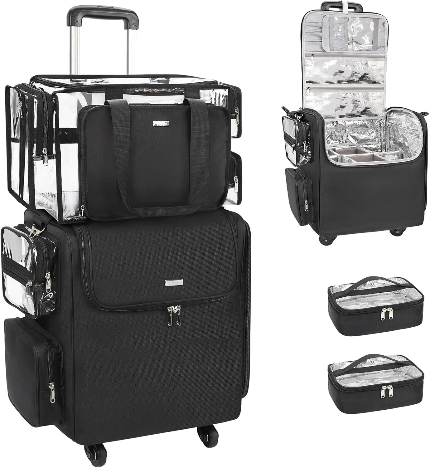 Relavel Rolling Makeup Train Case with Clear Makeup Bag, Hairstylist Traveling Bag with 4 Wheels, Cosmetic Storage Organizer Hair Stylist Travelling Bag with Adjustable Dividers & Shoulder Strap