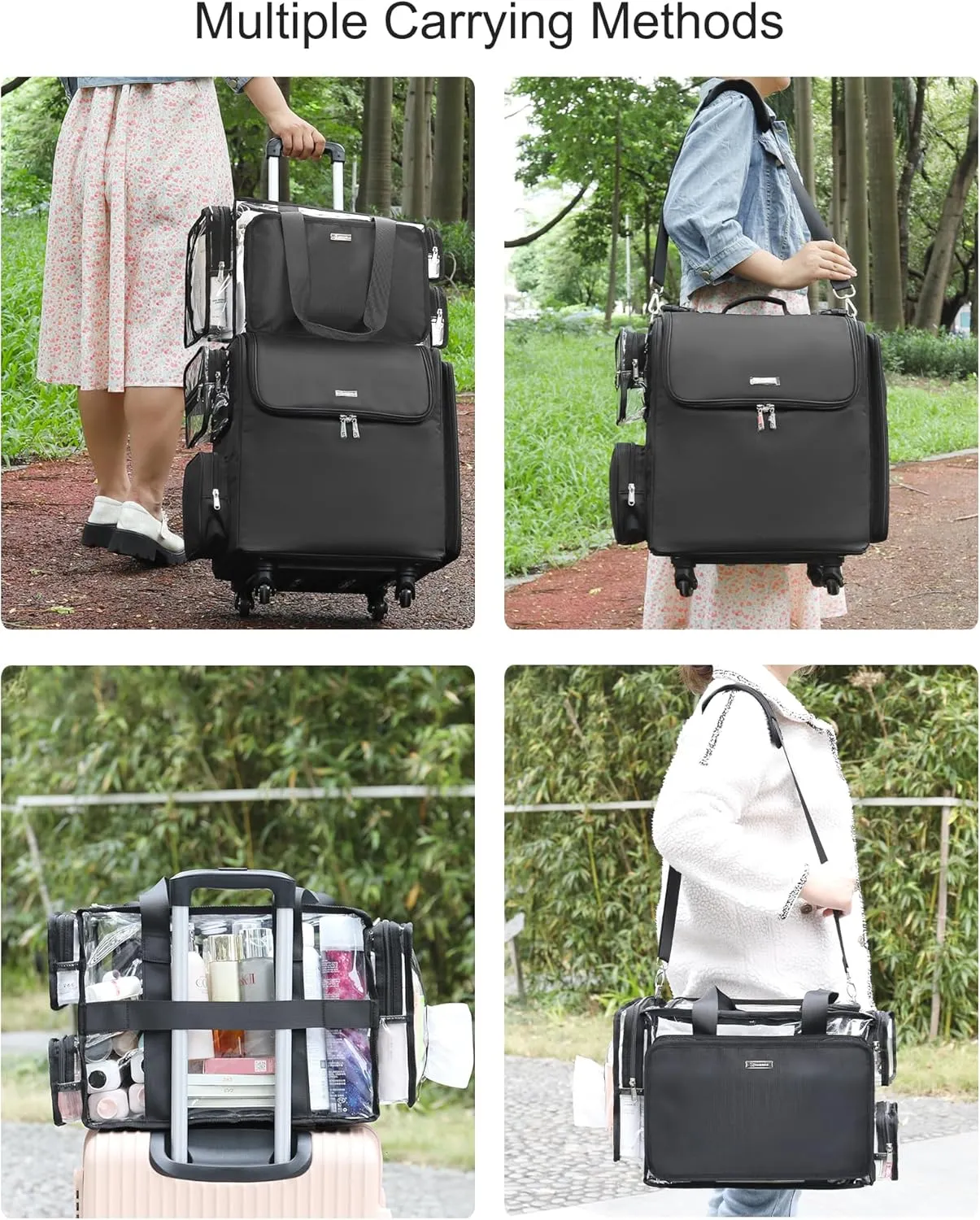 Relavel Rolling Makeup Train Case with Clear Makeup Bag, Hairstylist Traveling Bag with 4 Wheels, Cosmetic Storage Organizer Hair Stylist Travelling Bag with Adjustable Dividers & Shoulder Strap