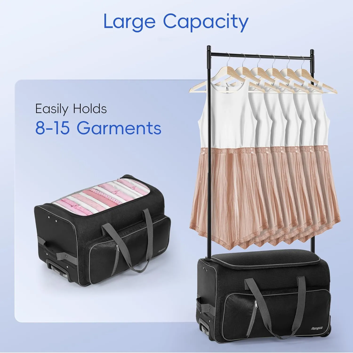 Rengue Dance Bag With Garment Rack, 23" Dance Duffle Bag with Garment Rack, Rolling Garment Bags for Travel, Wheeled Upright Luggage Closet Suitcase in Black Grey