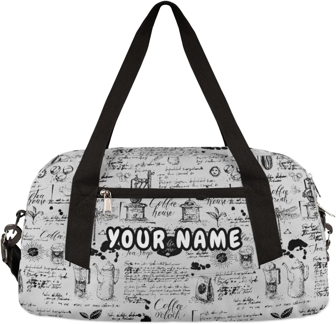 Retro Coffee Theme Personalized Kids Duffel Bag for Girls Boys, Coffee Debris Custom Name Dance Bag Overnight Small Duffel Bag Carry On Weekend Sports Travel Bag for School Practice Gymnastics Ballet