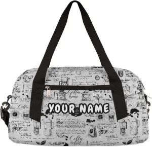 Retro Coffee Theme Personalized Kids Duffel Bag for Girls Boys, Coffee Debris Custom Name Dance Bag Overnight Small Duffel Bag Carry On Weekend Sports Travel Bag for School Practice Gymnastics Ballet