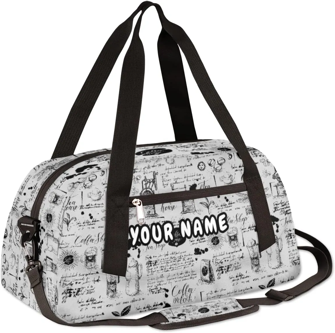 Retro Coffee Theme Personalized Kids Duffel Bag for Girls Boys, Coffee Debris Custom Name Dance Bag Overnight Small Duffel Bag Carry On Weekend Sports Travel Bag for School Practice Gymnastics Ballet