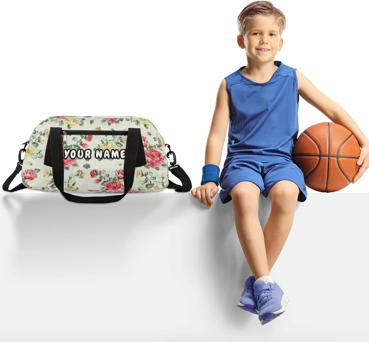 Retro Flower Personalized Kids Duffel Bag for Girls Boys, Flower Debris Custom Name Dance Bag Overnight Small Duffel Bag Carry On Weekend Sports Travel Bag for School Practice Gymnastics Ballet