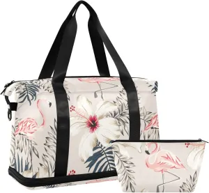 Retro Pink Flamingo, Palm Leaves, White Hibiscus Flowers on Beige Gym Duffel Bag, Polyester Travel Weekender Luggage Handbag with Waterproof Pocket for Wet Items, Unisex Foldable Tote for Sports