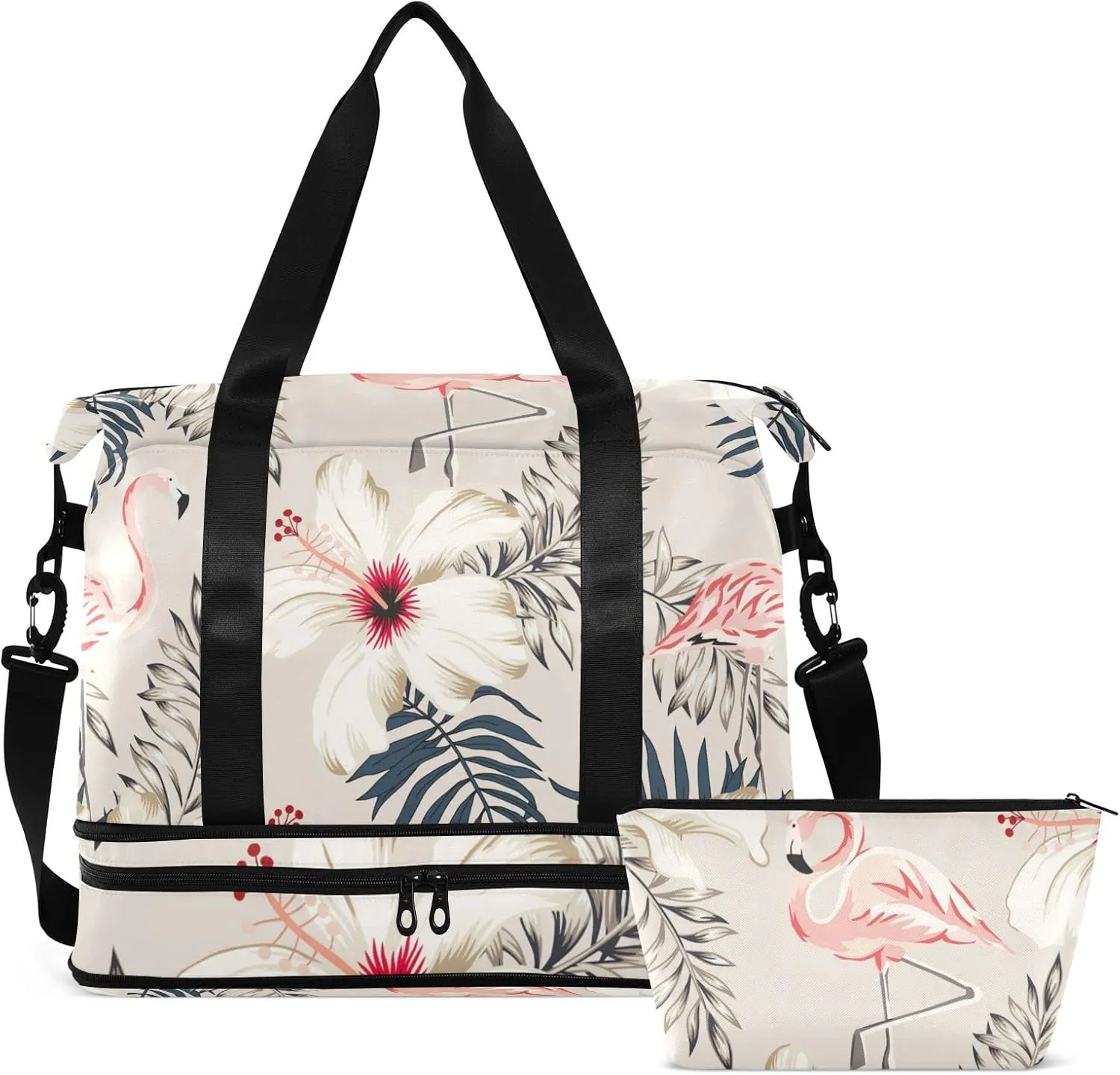 Retro Pink Flamingo, Palm Leaves, White Hibiscus Flowers on Beige Gym Duffel Bag, Polyester Travel Weekender Luggage Handbag with Waterproof Pocket for Wet Items, Unisex Foldable Tote for Sports