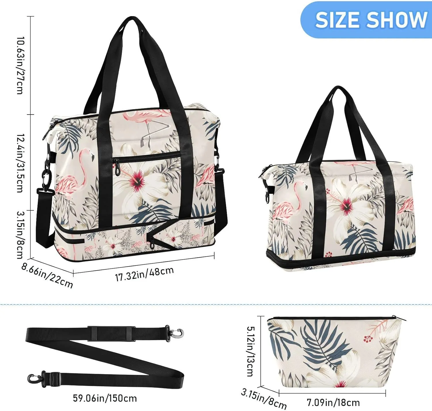 Retro Pink Flamingo, Palm Leaves, White Hibiscus Flowers on Beige Gym Duffel Bag, Polyester Travel Weekender Luggage Handbag with Waterproof Pocket for Wet Items, Unisex Foldable Tote for Sports