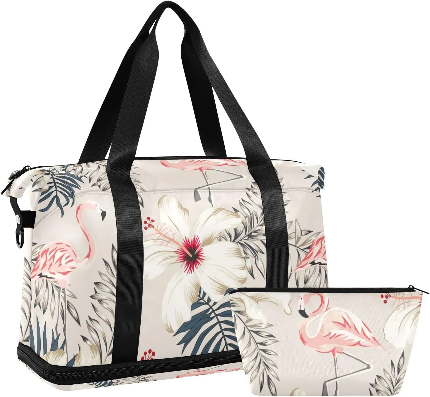 Retro Pink Flamingo, Palm Leaves, White Hibiscus Flowers on Beige Gym Duffel Bag, Polyester Travel Weekender Luggage Handbag with Waterproof Pocket for Wet Items, Unisex Foldable Tote for Sports
