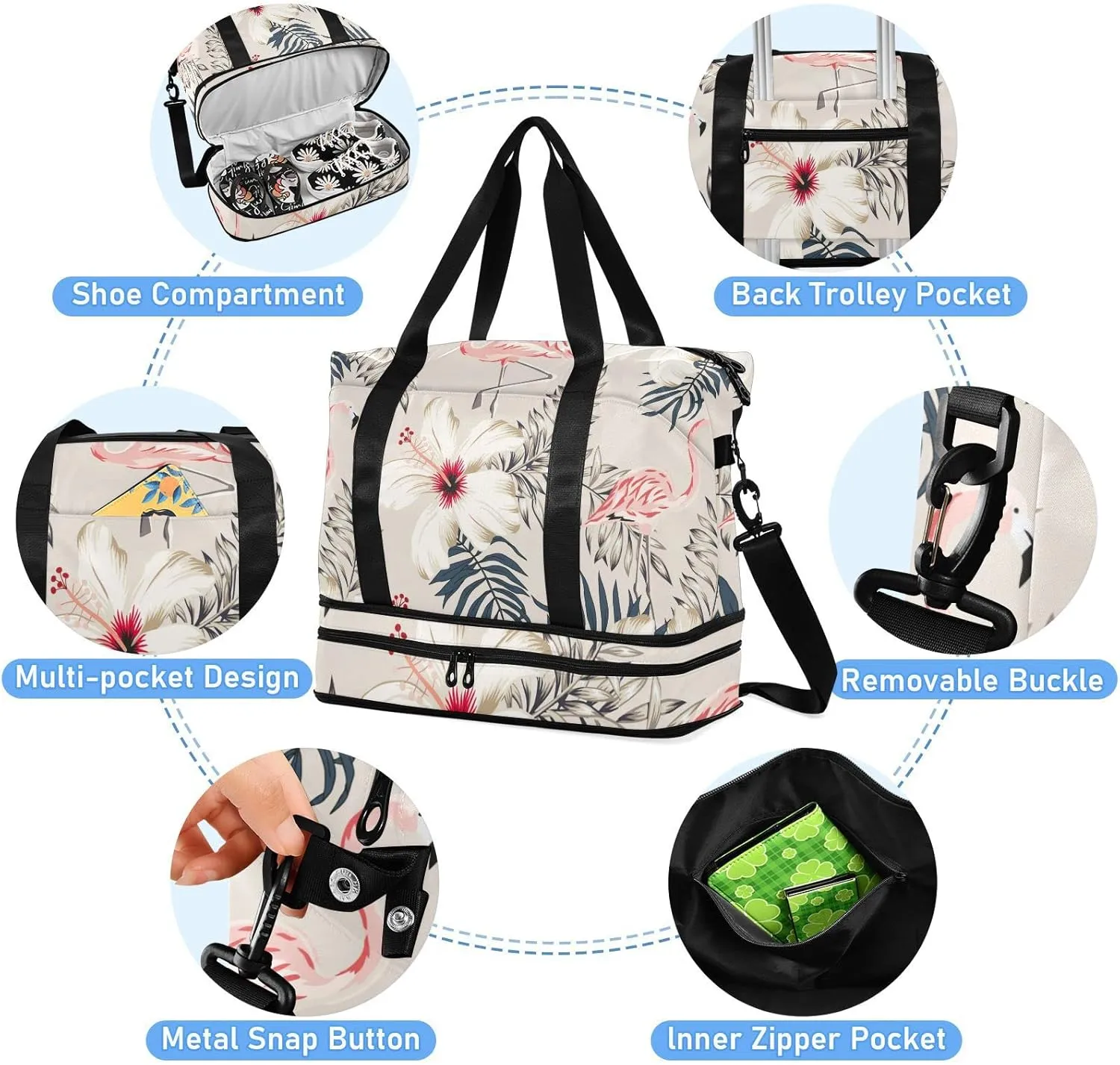 Retro Pink Flamingo, Palm Leaves, White Hibiscus Flowers on Beige Gym Duffel Bag, Polyester Travel Weekender Luggage Handbag with Waterproof Pocket for Wet Items, Unisex Foldable Tote for Sports