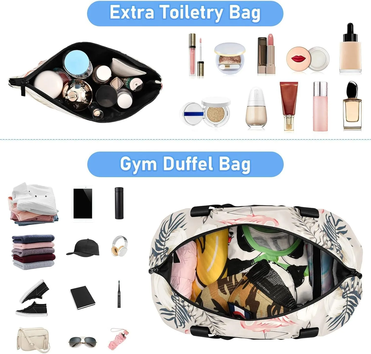 Retro Pink Flamingo, Palm Leaves, White Hibiscus Flowers on Beige Gym Duffel Bag, Polyester Travel Weekender Luggage Handbag with Waterproof Pocket for Wet Items, Unisex Foldable Tote for Sports